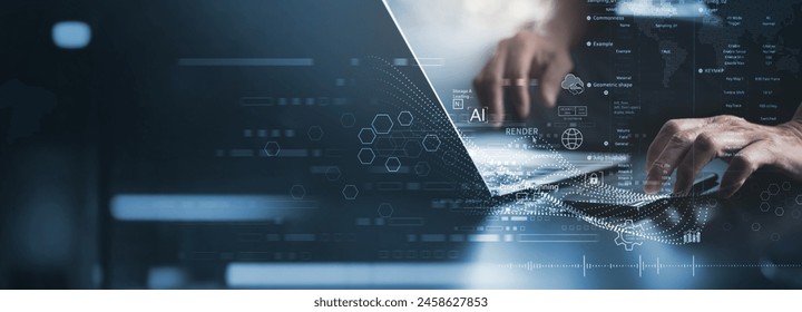 Data Science and engineering, digital technology, tech background. Software engineer working with database and big data analytics, cloud computing with AI and data exchange, innovation technology - Powered by Shutterstock