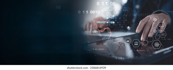 Data science and engineering, digital technology, futuristic tech background. Software engineer working with database and big data analytics, cloud computing with AI and data exchange