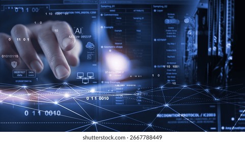 Data science and engineering, digital technology, futuristic tech background. Software engineer working with database and big data analytics, cloud computing with AI and data exchange