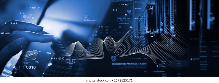 Data science and engineering, digital technology, futuristic tech background. Software engineer working with database and big data analytics, cloud computing with AI and data exchange