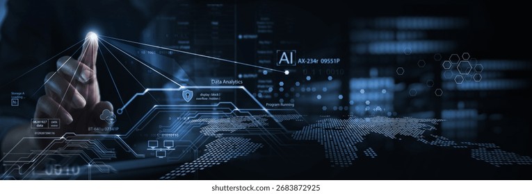 Data Science and engineering, digital technology, tech background. Software engineer working with database and big data analytics, cloud computing with AI and data exchange, innovation technology
