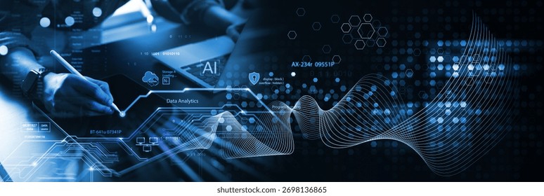 Data Science and engineering, digital technology, tech background. Software engineer working with database and big data analytics, cloud computing with AI and data exchange, innovation technology
