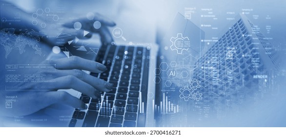 Data Science and engineering, digital technology, tech background. Software engineer working with database and big data analytics, cloud computing with AI and data exchange, innovation technology