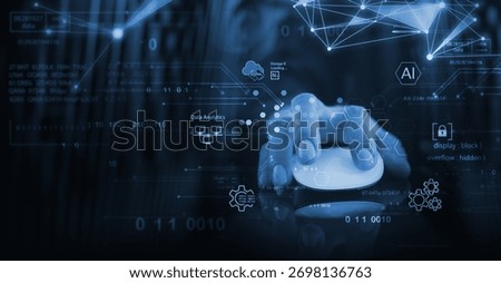 Data science and engineering, digital technology, futuristic tech background. Software engineer working with database and big data analytics, cloud computing with AI and data exchange