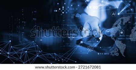 Data science and engineering, digital technology, futuristic tech background. Software engineer working with database and big data analytics, cloud computing with AI and data exchange