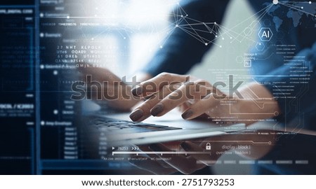 Data science and engineering, digital technology, futuristic tech background. Software engineer working with database and big data analytics, cloud computing with AI and data exchange