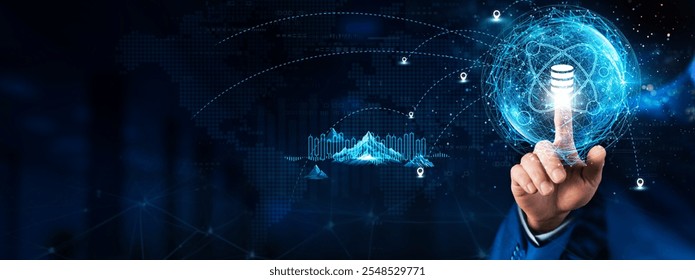 Data Science: Hand touching global network connection and data exchanges, technology structure. Innovation networking on dark background, analytics, machine learning, predictive modeling.