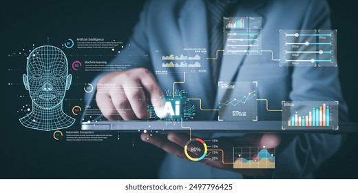 Data science of a human head overlaid with digital data and network symbols indicating artificial intelligence, digital technology, Big data analysed with AI technology for business analytics. - Powered by Shutterstock - Get 15% off with code: PIKWIZARD15