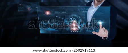 Data Science: Machine learning, data visualization, statistical modeling, data mining, algorithm development, insights. Businessman analyzing data science progress chart on digital interface.