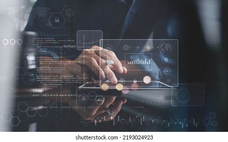 Data science. Man programmer using digital tablet computer analyzing and develop software on futuristic virtual interface screen. Algorithm, big data analysis and management, data visualization - Shutterstock ID 2193024923