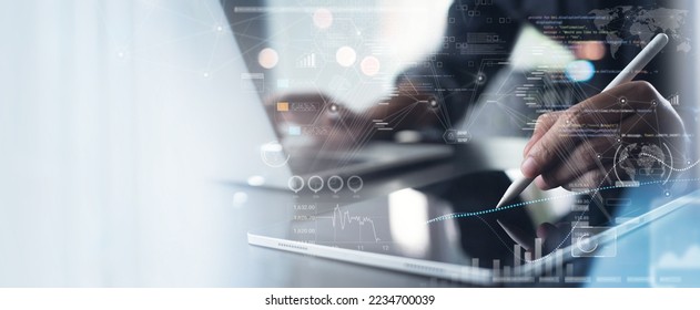 Data science, software development, digital technology concept. Computer programmer, software engineer with global internet networking and big data processing on digital tablet, market research