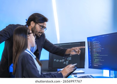 A data science team collaborates, analyzing a neural network model and code on multiple screens. Concept for AI development, machine learning, and data analysis.