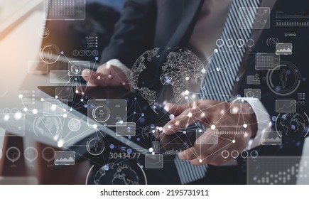 Data science technology, big data analysis, business intelligence concept, market research. Businessman working on laptop computer with big data, financial graph report, global business network