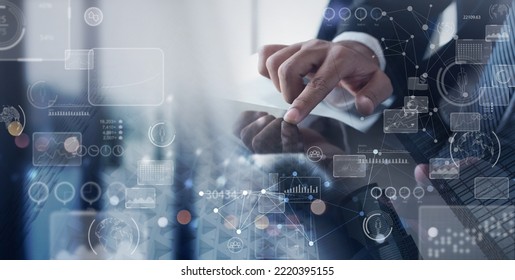 Data science technology, big data analysis, business intelligence concept, market research. Businessman working, using digital tablet with big data, financial graph report, global business network - Shutterstock ID 2220395155