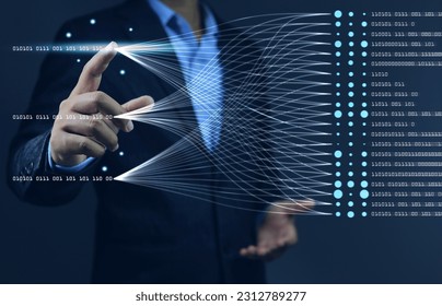 Data scienctist touch on binary complex information to arangement an alalysis before transfer to next process. Data science querying, analysis, visualizing complex information on virtual screen.