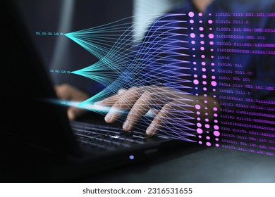Data scienctist touch on binary complex information to arangement and alalysis before report on dashboard. Data science querying, analysis, visualizing complex information on virtual analytic screen.