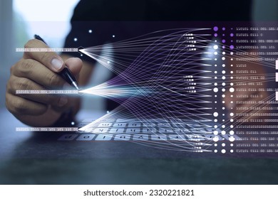 Data scienctist touch on binary complex information to arangement and alalysis before report Data science querying, analysis, visualizing complex information on virtual screen. Virtual keyboard.