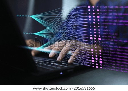 Data scienctist touch on binary complex information to arangement and alalysis before report on dashboard. Data science querying, analysis, visualizing complex information on virtual analytic screen.