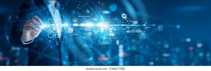 Data scientist drawing network connection and analytical models in data science, extracting insights, predictive analytics, and global networking through data-driven solutions.