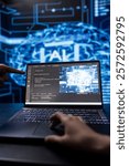Data scientist in high tech lab analyzing complex AI brain models on laptop. Engineer at work using machine learning on notebook to develop artificial intelligence technology