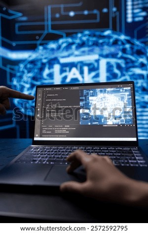 Data scientist in high tech lab analyzing complex AI brain models on laptop. Engineer at work using machine learning on notebook to develop artificial intelligence technology