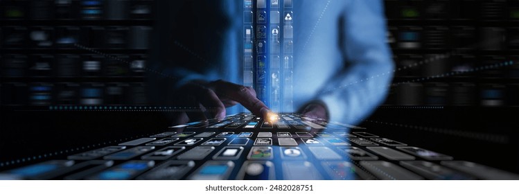 A data scientist interacts with a smartphone interface, managing and analyzing large volumes of data.The screen displays numerous data icons and graphs,  advanced technology and digital tools in data