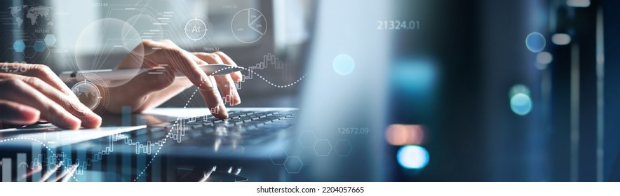 Data scientist, Programmer using laptop analyzing financial data on futuristic virtual interface. Algorithm. Global business development, strategy and planning, digital technology, market research - Shutterstock ID 2204057665
