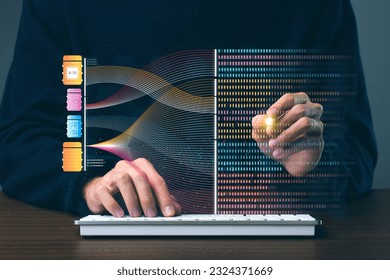 Data scientists analyze and visualize massive data on virtual screens, using AI to process complex data. Big data technology and science technology.Digital neural network.artificial intelligence.GUI.