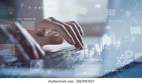 Data Scientists. Business Intelligence, Software Development Concept. Woman Programmer Using Laptop Analyzing Various Information, Financial Graph On Futuristic Virtual Interface Screen