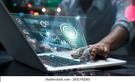 Data scientists  Man programmer using laptop analyzing   development at various information futuristic virtual interface screen  Algorithm  marketing   deep learning artificial intelligence