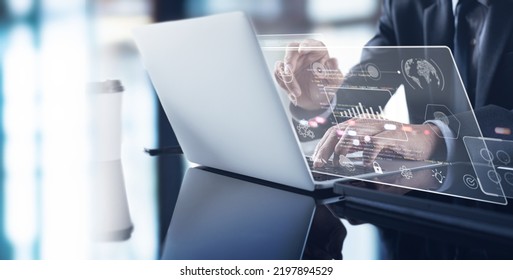 Data Scientists. Man Programmer Using Laptop Analyzing And Develop On Information On Futuristic Virtual Interface Screen. Algorithm. Marketing And Deep Learning Of Artificial Intelligence