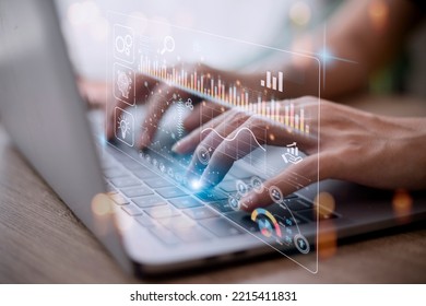 Data scientists. Man programmer using laptop analyzing and development at various information on futuristic virtual interface screen. Algorithm. marketing and deep learning of artificial intelligence - Shutterstock ID 2215411831