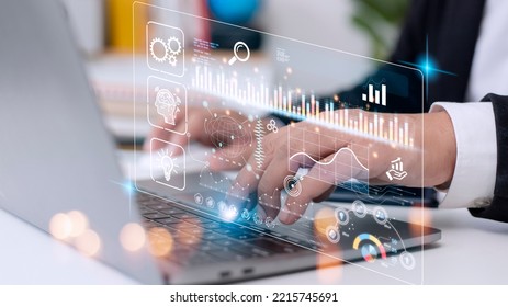 Data scientists. Man programmer using laptop analyzing and development at various information on futuristic virtual interface screen. Algorithm. marketing and deep learning of artificial intelligence