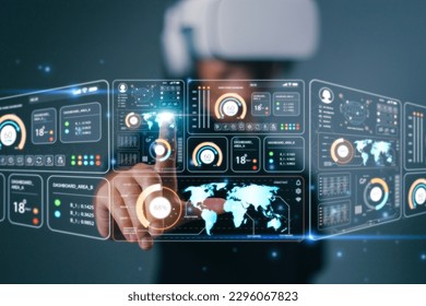 Data scientists.  a programmer wears VR glass to analyze and develop various information on a futuristic virtual interface screen. Algorithm. marketing and deep learning of artificial intelligence