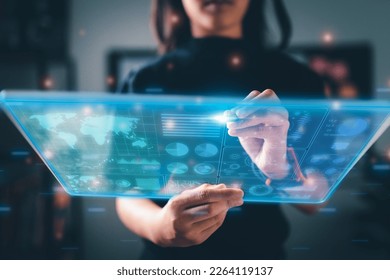 Data scientists. programmers use a laptop to analyze and development at various information on a futuristic virtual interface screen. Algorithm. marketing and deep learning of artificial intelligence