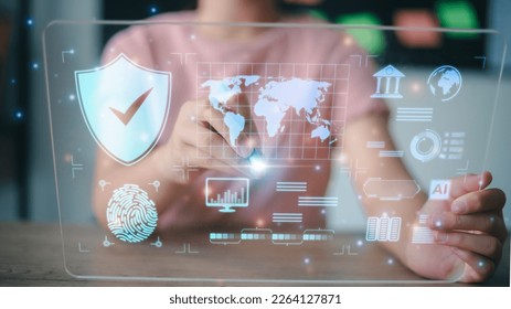 Data scientists. programmers use a laptop to analyze and development at various information on a futuristic virtual interface screen. Algorithm. marketing and deep learning of artificial intelligence