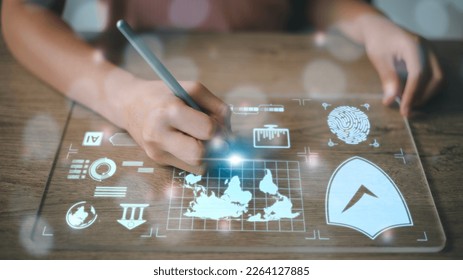 Data scientists. programmers use a laptop to analyze and development at various information on a futuristic virtual interface screen. Algorithm. marketing and deep learning of artificial intelligence