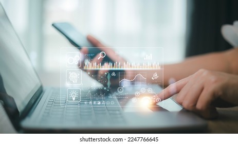 Data scientists. Woman programmer using laptop analyzing and development at various information on futuristic virtual interface screen. Algorithm. 