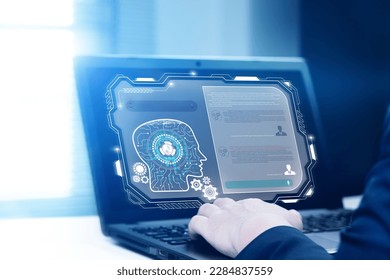 Data search, artificial intelligence chatbot, data collection with global technology network. man chat with smart chatbot on laptop to find business information.