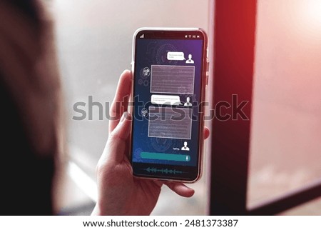 Data search, artificial intelligence chatbot, and data collection with global technology network. women chat with chatbots on smartphones to find business information.