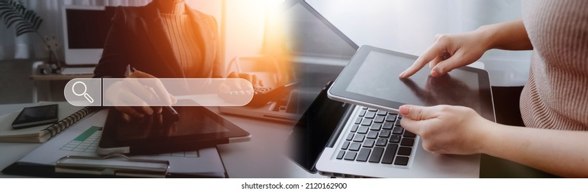 Data Search Technology Search Engine Optimization. man's hands are using a computer notebook to Searching for information. Using Search Console with your website.