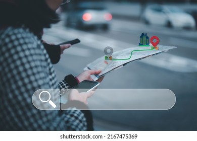 Data Search Technology Search Engine Optimization. Woman traveler with smart phone Searching for information and map location. Using Search Console with your website. - Shutterstock ID 2167475369