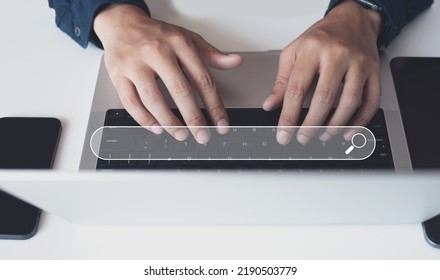 Data Search Technology, Search Engine Optimization SEO. Businessman using digital tablet and laptop computer to search the information on website, online content research