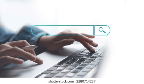 Data Search Technology Search Engine Optimization (SEO). Woman's hands typing on computer keyboard searching online information, browsing the internet on web browser