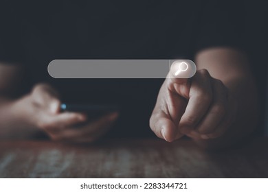 Data Search Technology Search Engine Optimization. Searching Browsing Internet Data Information with blank search bar. Men use smartphones to searching information data on internet networking concept.
