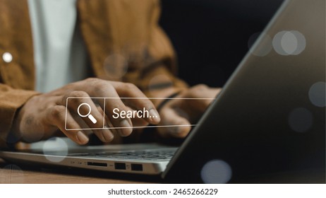 Data Search Technology Search Engine Optimization. man's hands are using laptop to Searching for information. Marketing ranking traffic website, SEO search engine optimization concept.