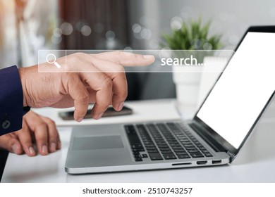Data search technology search engine optimization concept. Man using laptop with virtual Search bar for on website online. SEO search engine optimization concept. Marketing ranking traffic website.