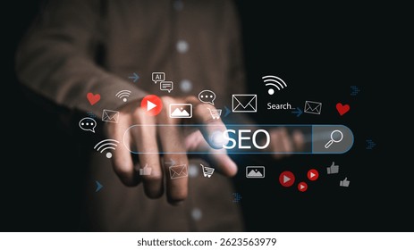 Otimização Do Mecanismo De Busca Da Tecnologia De Pesquisa De Dados.   Marketing ranking site de tráfego, SEO motor de busca otimização conceito. Análises de usuários dos assistentes de IA e melhorias no algoritmo de pesquisa.
