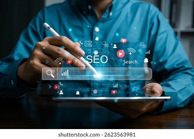 Otimização Do Mecanismo De Busca Da Tecnologia De Pesquisa De Dados.   Marketing ranking site de tráfego, SEO motor de busca otimização conceito. Análises de usuários dos assistentes de IA e melhorias no algoritmo de pesquisa.