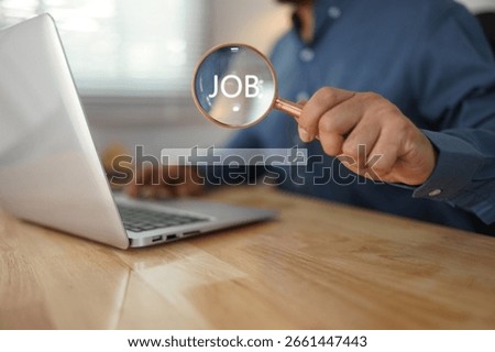 Data Search Technology, Search Engine Optimization. Man's hands are using a computer keyboard to searching for Job information. Using Search Console with your website. Job search, job interview